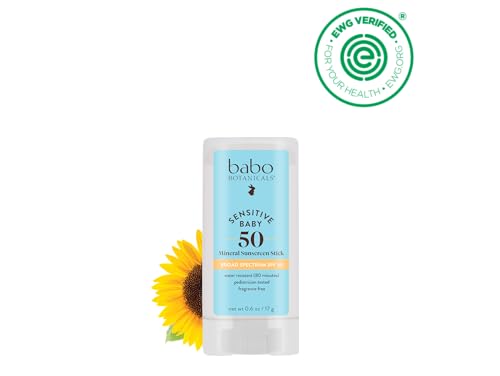 Babo Botanicals Baby Mineral Sunscreen Stick SPF 50, Zinc Oxide, 70% Organic, Fragrance-Free, Water Resistant, EWG & MADE SAFE Certified