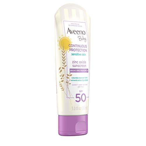 Aveeno Baby Zinc Oxide Mineral Sunscreen Lotion SPF 50 – Tear-Free, Sweat & Water Resistant, Paraben-Free, Travel Size 3 fl. oz