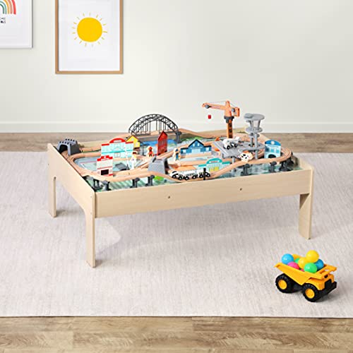 Amazon Basics 120 Piece Wooden Train Set with Table, Sturdy Tracks and Storage Bin, Multi-Activity, Kids Gift for Age 3Y+, 48.62 x 18.07 x 7.01 in