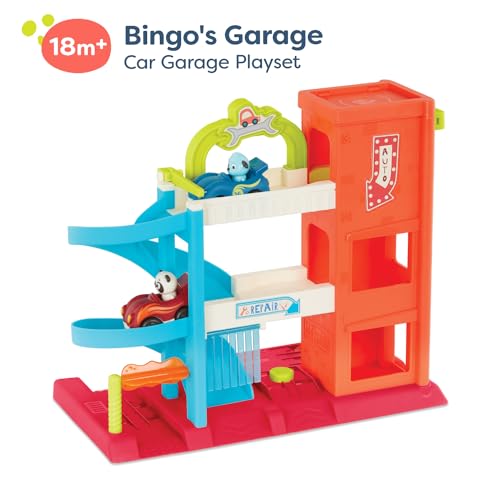 B. toys – Bingo’s Garage – Vehicle Playset Car Garage with Spiral Ramp – Working Elevator with 2 Toy Cars – 3 floor playset – 18+ Months