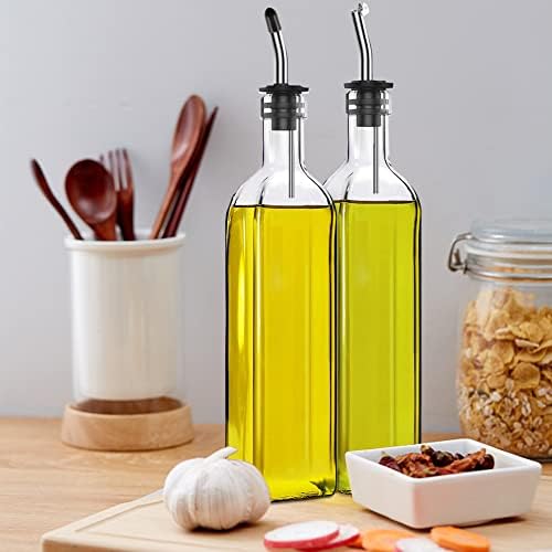 Leaflai 2-Piece Glass Olive Oil & Vinegar Dispenser Set – 500ml Bottles with Stainless Steel Pourers, Labels, Brush & Funnel for Kitchen