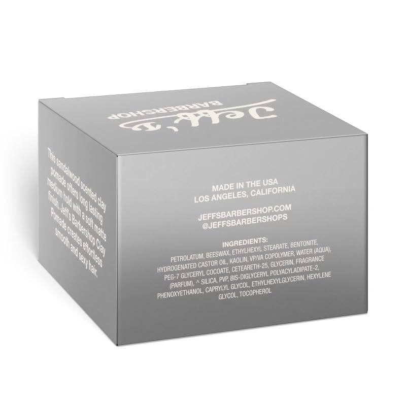 Jeff's Barbershop Clay Pomade, Sandalwood - Medium Hold, Matte Finish Hair Styling Cream Wax with Natural Beeswax & Castor Oil (3.4 fl oz/100ml)