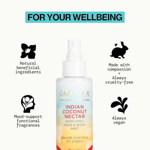 Pacifica Indian Coconut Nectar Hair & Body Mist – Alcohol-Free Perfume with Natural Essential Oils, Coconut & Vanilla Scent, Vegan & Cruelty-Free
