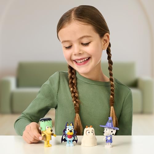 Bluey Halloween Figures 4-Pack – 2.5" Poseable Bingo, Chloe & Lucky with Accessories, Kids Can Recreate Favorite Moments
