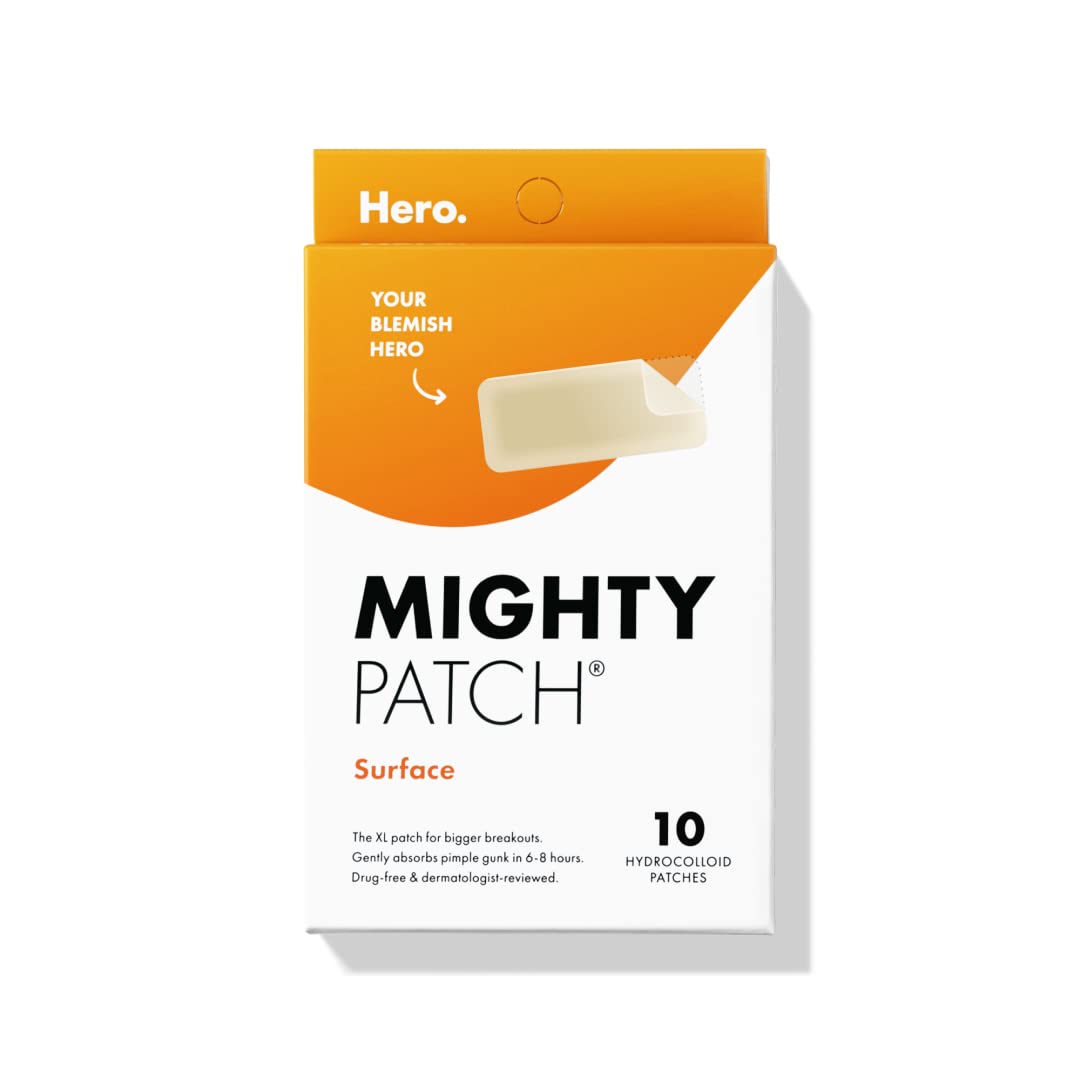 Hero Cosmetics Mighty Patch Surface Large Pimple Patches โ Acne Spot Stickers for Face & Body, Hydrocolloid, Vegan, 10 Count