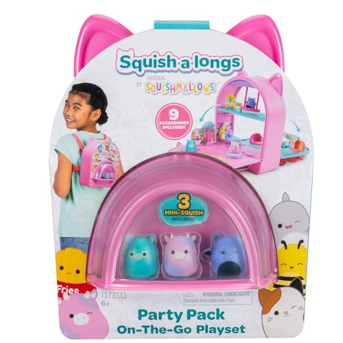 Squish-a-longs Party Pack On-The-Go Playset - Series 1 - Three 1” Mini-Squish with 9 Furnishings - Collect, Trade, & Play