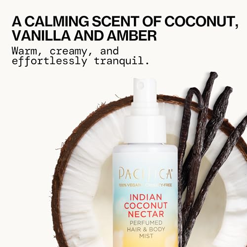 Pacifica Indian Coconut Nectar Hair & Body Mist – Alcohol-Free Perfume with Natural Essential Oils, Coconut & Vanilla Scent, Vegan & Cruelty-Free