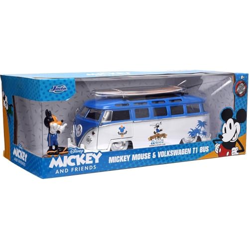 Jada Toys Disney Mickey and Friends 1:24 Volkswagen T1 Bus Die-cast Car w/ 2.75" Mickey Mouse Figure, Toys for Kids and Adults