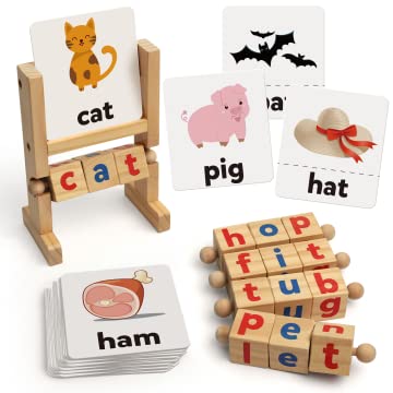 Coogam Wooden Short Vowel Reading Blocks – Rotating Letter Puzzle & Flash Cards, Montessori Spelling & Sight Word Toy for Kids