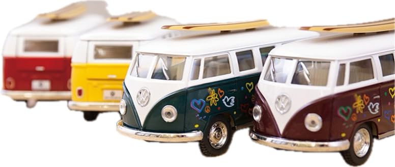 KiNSMART 1962 Volkswagen Classic Bus 1:32 Scale Die-Cast Toy Van with Surfboard & Hippy Decals, 5" Pullback Model (1 Random)