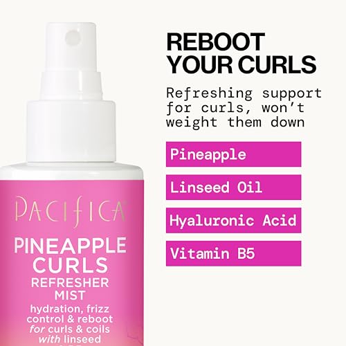 Pacifica Pineapple Curls Refresher Mist - Curl Spray with Hyaluronic Acid, Vitamin B5 & Plant Oils - Vegan, Dermatologist Tested - 4 Fl Oz