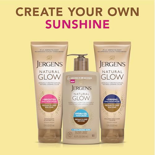 Jergens Natural Glow Hydra Gel Moisturizer with Hyaluronic Acid – Fragrance-Free Self Tanner for Medium to Deep Skin, 8.3 oz