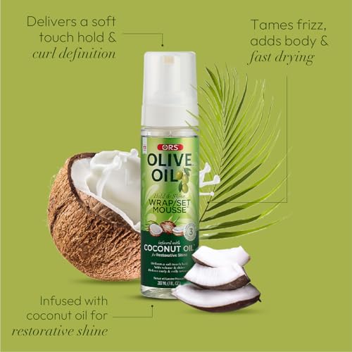 ORS Olive Oil Hold & Shine Wrap Set Mousse Infused with Coconut Oil for Restorative Shine 7 Ounce