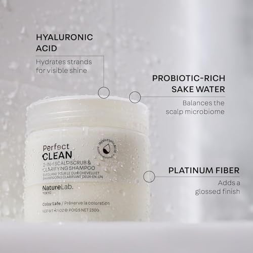 NatureLab.TOKYO Perfect Clean Scalp Scrub & Shampoo – 2-in-1 Clarifying Cleanser with Sugar Crystals, Probiotic Sake Water & Hyaluronic Acid, 8.1 oz