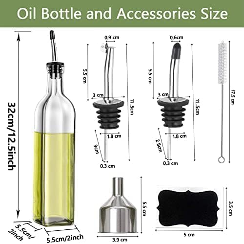 Leaflai 2-Piece Glass Olive Oil & Vinegar Dispenser Set – 500ml Bottles with Stainless Steel Pourers, Labels, Brush & Funnel for Kitchen