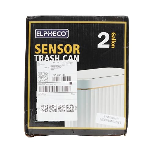 ELPHECO Automatic Motion Sensor Trash Can - 2 Gallon Slimline for Bathroom, Bedroom, Kitchen, Office - White with Gold Trim