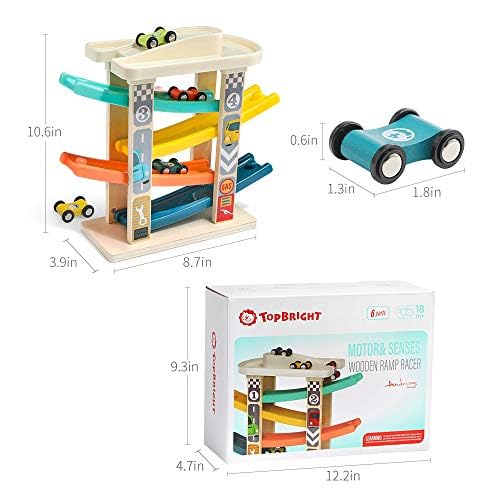 TOP Bright Wooden Toddler Race Track & Car Ramp Toys for 1-2 Year Olds with 4 Mini Cars and Garage – Motor Skills Playset