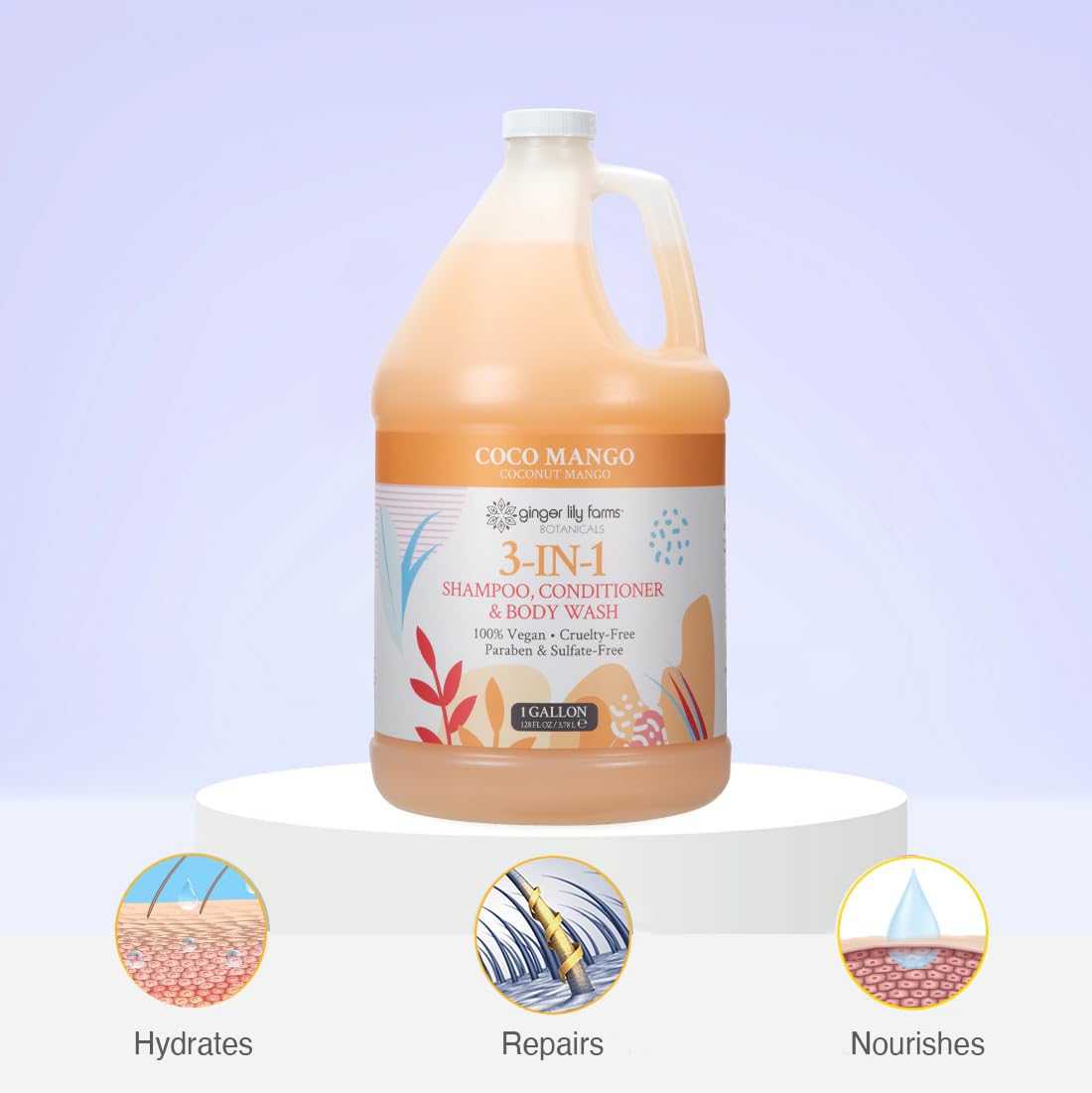 Ginger Lily Farms Botanicals 3-in-1 Shampoo, Conditioner & Body Wash Refill, Coco Mango Scent, Vegan & Cruelty-Free, 1 Gallon (128 fl oz)
