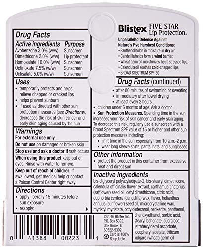 Blistex Five Star Lip Protection, SPF 30-0.15 oz (Pack of 6)