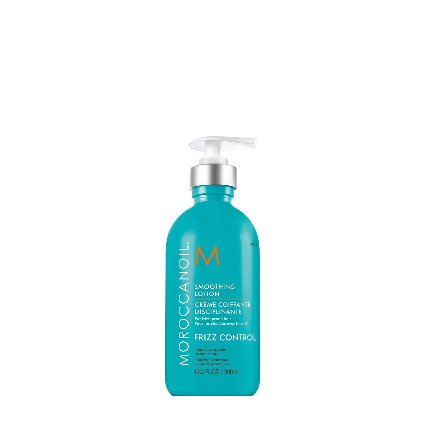 Moroccanoil frizz control lotion bottle on a white background