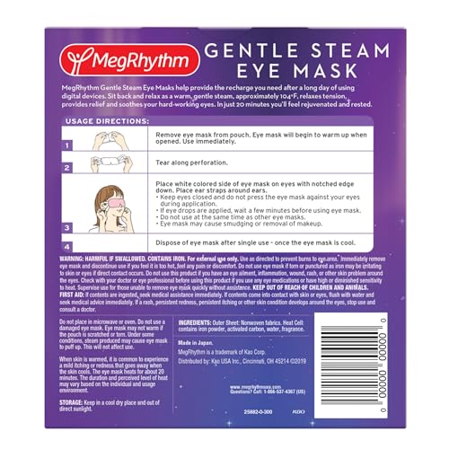 MegRhythm by Kao Gentle Steam Eye Mask, Lavender, Rejuvenates Eyes, Reduces the look of puffy eyes, Dermatologist and Ophthalmologist Tested, 5 Count