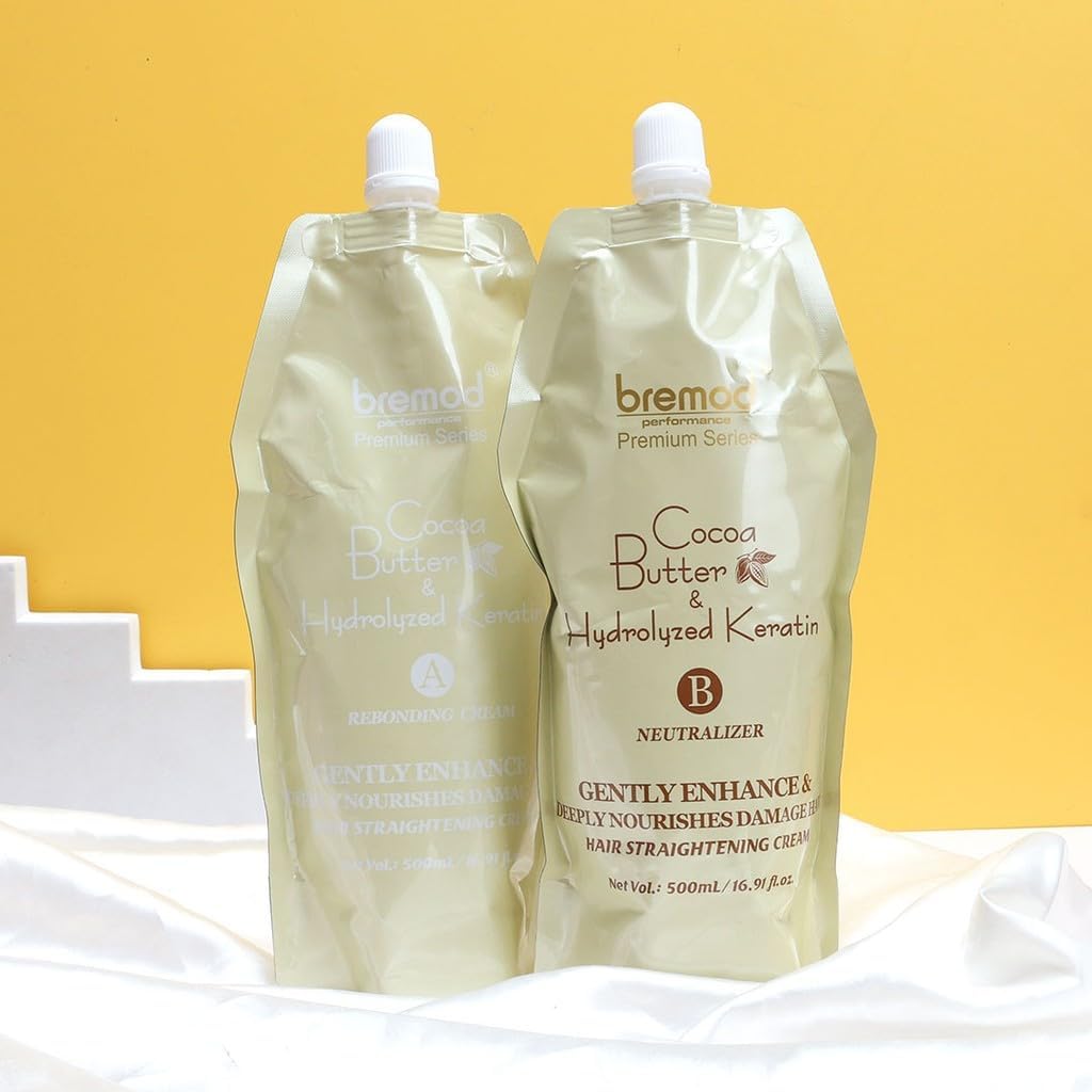 Bremod Hair Straightening Rebonding Cream with Cocoa Butter & Keratin – Professional Treatment for Smooth, Shiny, Healthy Hair, All Types, 2×16.9 Fl Oz