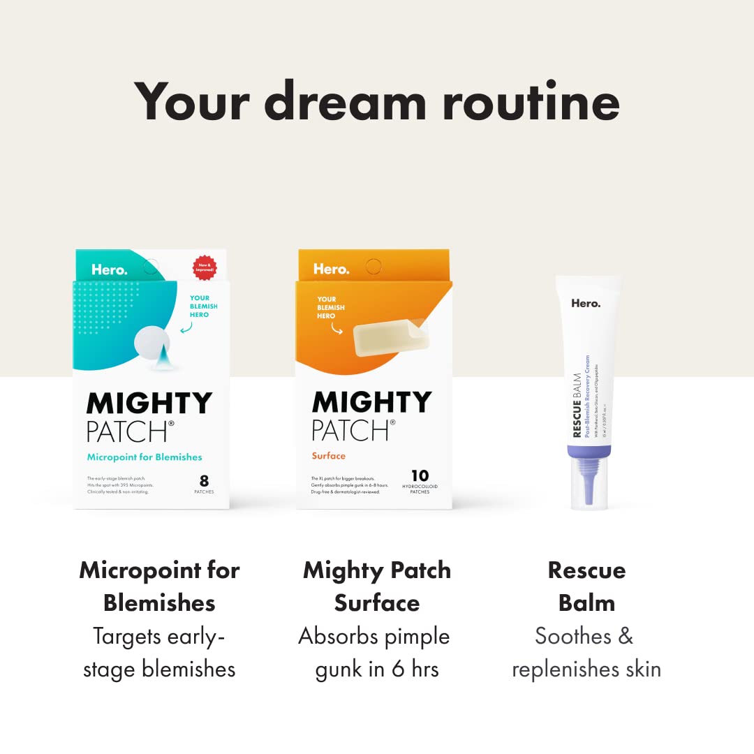 Hero Cosmetics Mighty Patch Surface Large Pimple Patches โ Acne Spot Stickers for Face & Body, Hydrocolloid, Vegan, 10 Count