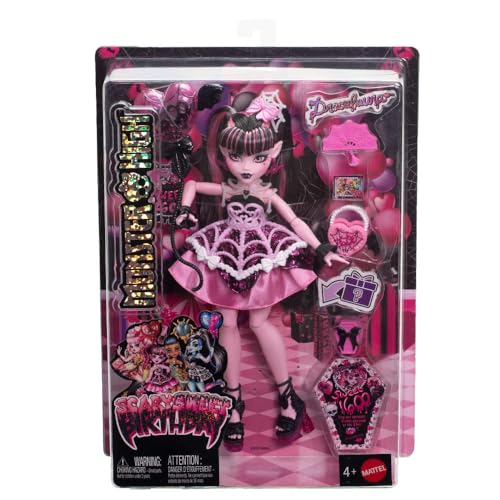 Monster High Scary Sweet Birthday Doll, Draculaura in Pink Party Dress with Themed Accessories Like Invite, Balloon, Gift, Fan and More