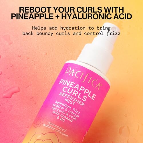 Pacifica Pineapple Curls Refresher Mist - Curl Spray with Hyaluronic Acid, Vitamin B5 & Plant Oils - Vegan, Dermatologist Tested - 4 Fl Oz