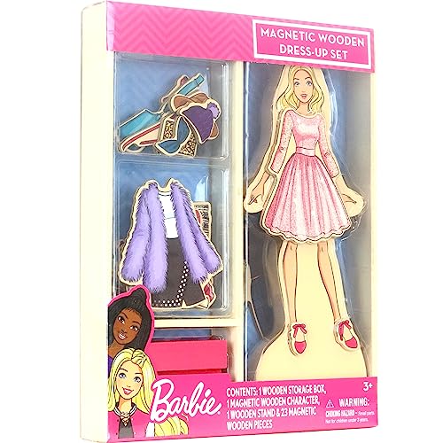 Barbie Magnetic Wooden Dress-Up Set – Wooden Doll with Mix & Match Outfits, Storage Box, Educational Pretend Play Toy for Girls 3+