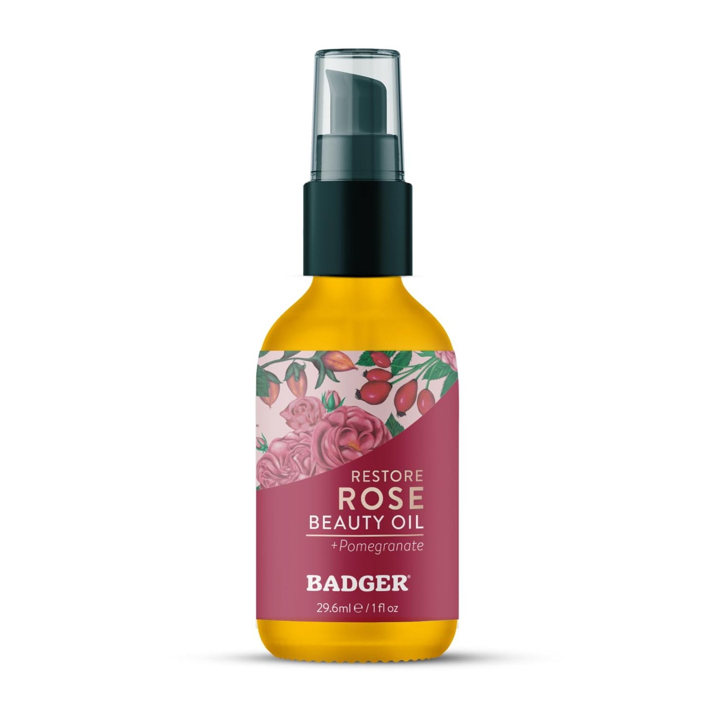Badger Rose Face Oil - 100% Organic Moisturizer with Jojoba & Rose Oil, Vegan, Antioxidant-Rich, Nourishing & Soothing, 1 fl oz