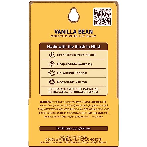 Burt’s Bees Vanilla Bean Lip Balm – Natural Lip Moisturizer with Responsibly Sourced Beeswax, Tint-Free Hydrating Balm, 2 Tubes, 0.15 oz Each
