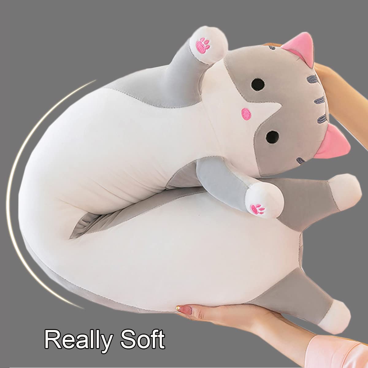 Giant Cat Pillow Plush, Soft Long Kitty Body Hugging Cushion Toy, Cuddly Cartoon Cat Plush Doll for Kids & Girlfriend (Gray, 110cm)