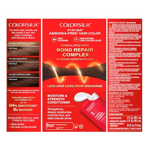 Revlon ColorSilk Brown Hair Dye with Bond Repair Complex, 100% Gray Coverage, Ammonia-Free, Vegan Keratin, 30 Dark Brown, 3 Pack