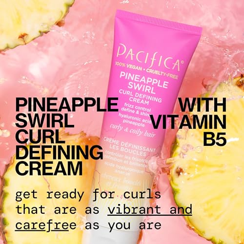 Pacifica Pineapple Swirl Curl Defining Cream – Coconut Oil & Hyaluronic Acid for Bouncy, Soft, Frizz-Free Curly Hair – 4 Oz