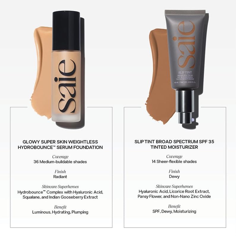 Saie Slip Tint Tinted Moisturizer SPF 35 – Light Coverage Glowy Face Tint with Hyaluronic Acid, Mineral Sunscreen, Shade Three + Half, 1.35 oz