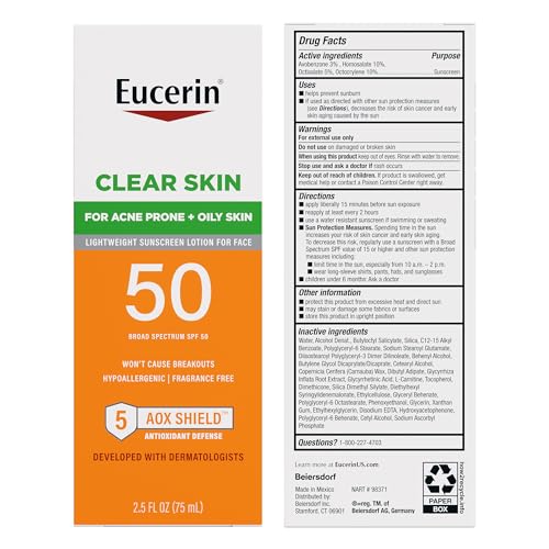 Eucerin Sun Clear Skin Face Sunscreen SPF 50 for Oily & Acne-Prone Skin, Lightweight Oil-Free Mineral Lotion, Hypoallergenic, 2.5 Fl Oz