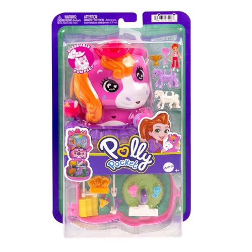 Polly Pocket Dolls and Playset, Pony Rodeo Compact, Travel Toy with 1 Micro Doll, Pet Horses, Food & Fashion Styling Accessories