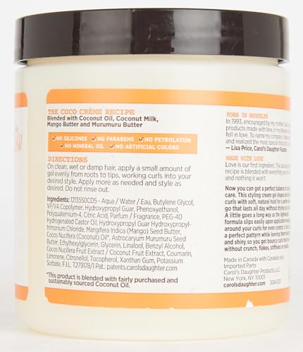 Carol’s Daughter Coco Creme Curl Shaping Cream Gel with Coconut Oil & Milk | Defines Curls, Fights Frizz, for Very Dry Hair, 16 Oz, Silicone-Free