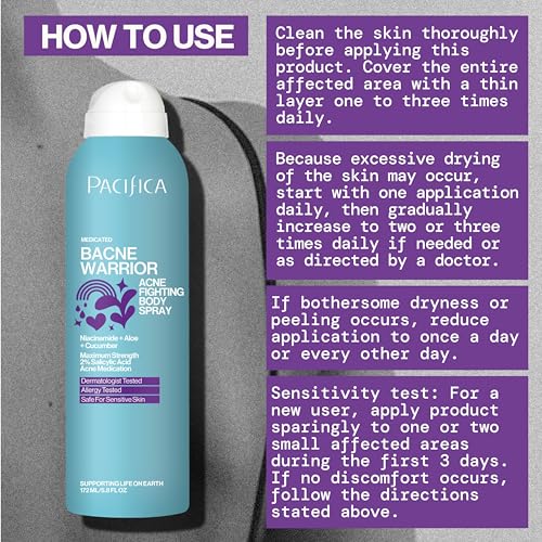 Pacifica Bacne Warrior Spray – 2% Salicylic Acid, Niacinamide & Aloe for Back, Chest & Body Acne – Dermatologist Tested, 6 Fl Oz