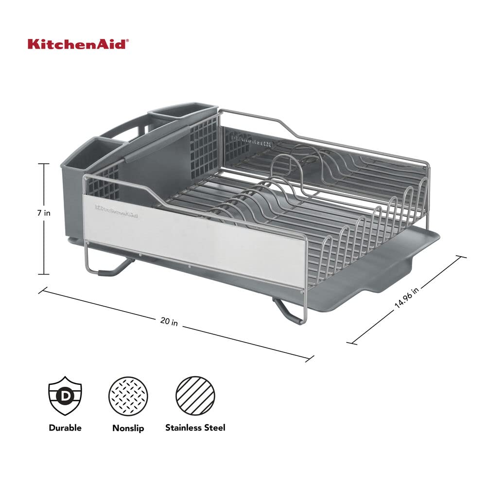 KitchenAid Large Capacity Dish Rack – Rust-Resistant, Full-Size with Angled Drain Board & Removable Flatware Caddy, Light Grey