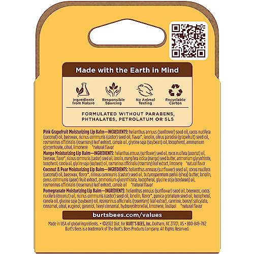 Burt's Bees Lip Balm 4-Pack – Pink Grapefruit, Mango, Coconut & Pear, Pomegranate – Natural, Tint-Free Moisturizer, 0.15 oz Each