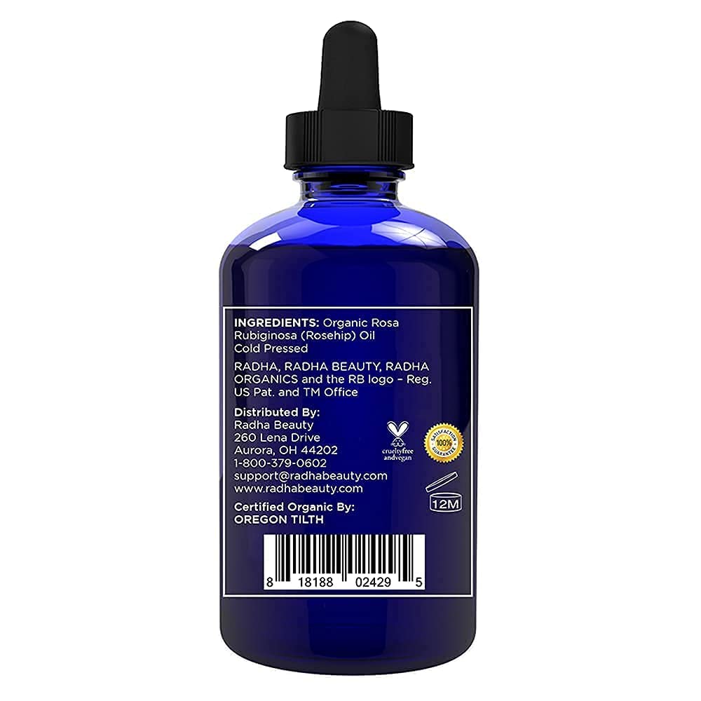 Radha Beauty Organic Rosehip Seed Oil 4 oz – 100% Pure Cold Pressed Carrier Oil for Face, Hair, Skin & Nails – Hydrating & Nourishing