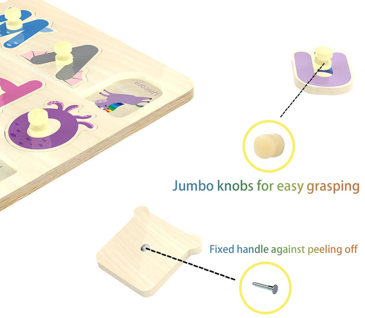 Wooden Alphabet Peg Puzzle for Toddlers – Knob Board, ABC Shape & Learning Toy, Chunky Preschool Puzzle for Boys & Girls Ages 2-4