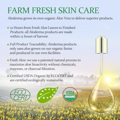 Aloderma 99% Organic Aloe Vera Gel – 17.6oz Pump, Freshly Harvested in 12 Hours, Lightweight, Non-Sticky, Soothes Sunburn, Face & Hair