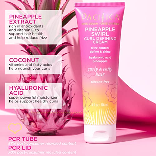 Pacifica Pineapple Swirl Curl Defining Cream – Coconut Oil & Hyaluronic Acid for Bouncy, Soft, Frizz-Free Curly Hair – 4 Oz