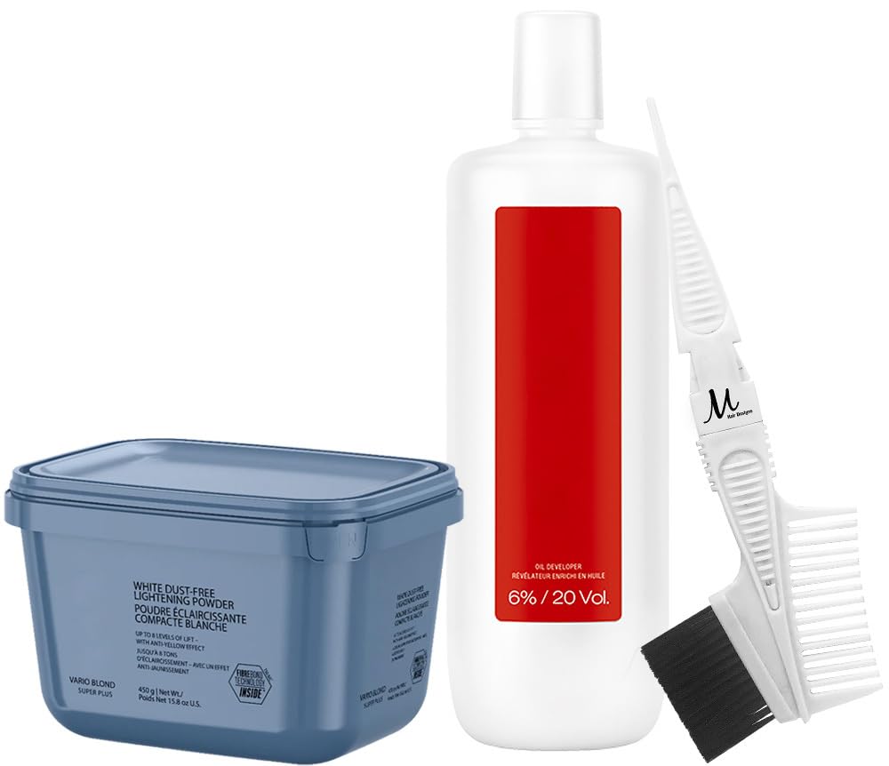 Igora Vario Blond Super Plus Bleach Powder 450g + Igora Royal Developer 6% 20 Vol 33.8 oz + M Hair Designs Tint Brush Comb Bundle