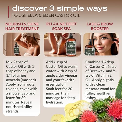 Ella & Eden Castor Oil Organic – Cold Pressed Hexane-Free Unrefined Glass Bottle | For Hair Growth, Face, Skin | USDA Certified 100% Pure – 16 Oz