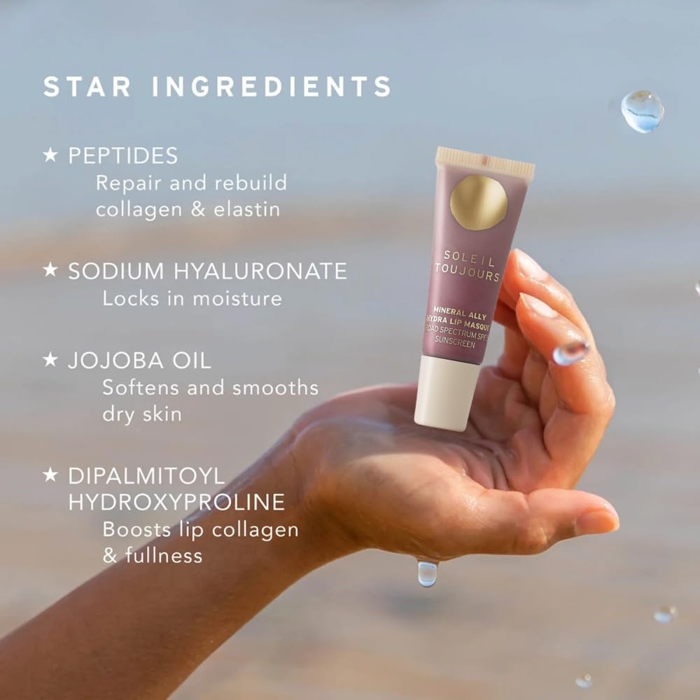 Soleil Toujours EcoSun Complex® Mineral Lip Mask SPF 15 - Peptide-Infused Clear Sunscreen Treatment for Volumizing, Collagen-Boosting & Deep Hydration