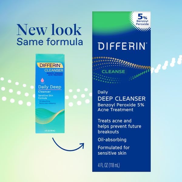 Differin Acne Face Wash 5% Benzoyl Peroxide – Daily Deep Cleanser for Acne-Prone, Sensitive Skin, Gentle Skincare, 4 oz